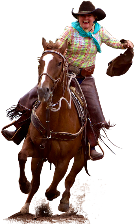 Horse Running fast with Cowgirl holding a money bag on its back